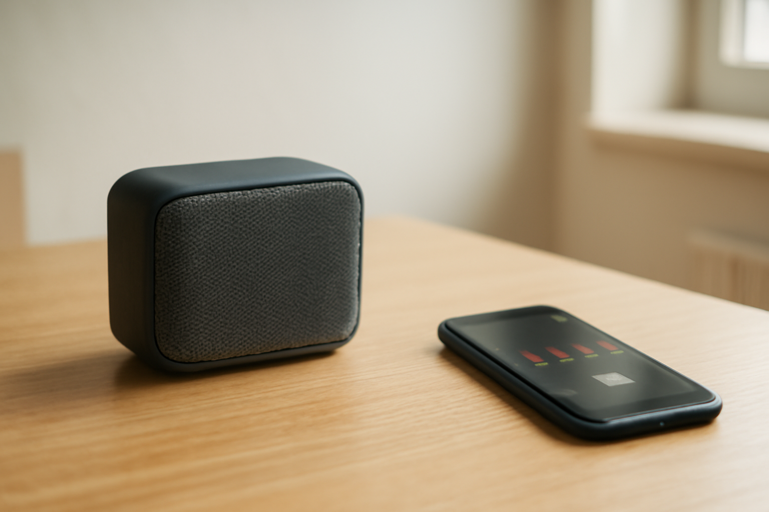 Speaker Bluetooth di atas meja kayu dengan ponsel di sampingnya untuk mengatur equalizer