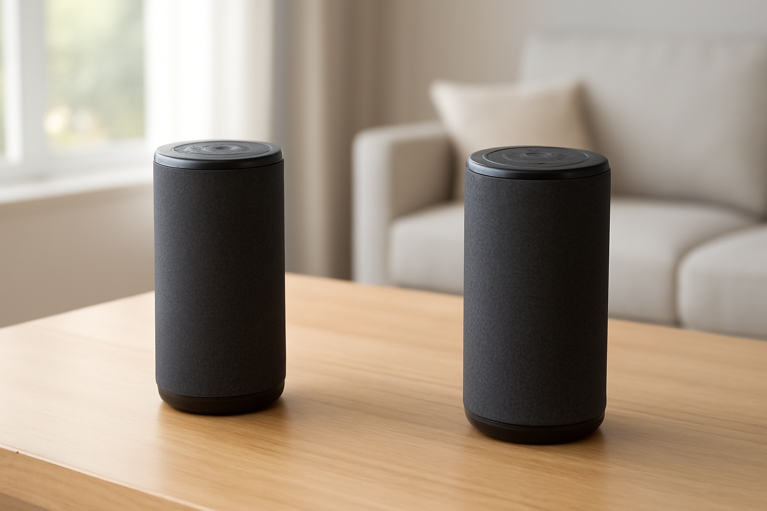 Dua speaker Bluetooth identik ditata berjarak di atas meja kayu untuk mode stereo