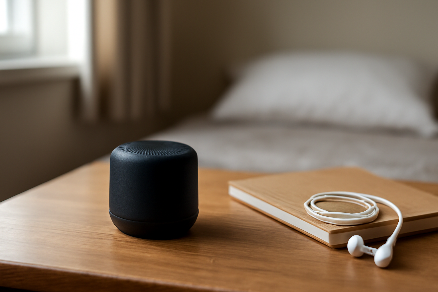 Speaker bluetooth kecil di atas meja kamar bersama buku catatan dan earphone
